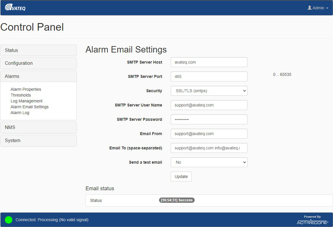 Alarm Notifications - Email Settings